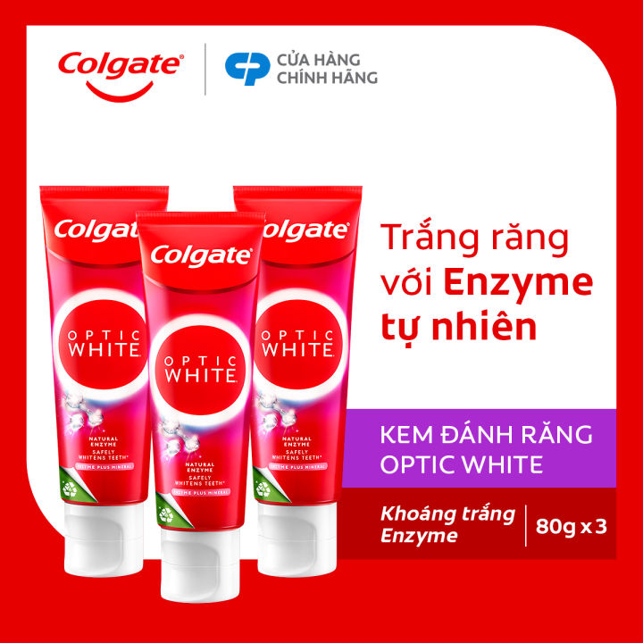 Bộ 3 Kem Đánh Răng Colgate trắng răng Optic White hương đào từ enzyme tự nhiên 80g/tuýp