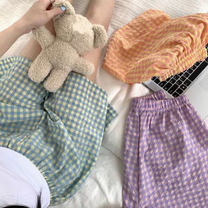 ETALIA Màu kẹo Quần short lưới nữ Rộng rãi Cạp cao Quần Pyjama Ngắn Thời trang Chân rộng Quần short ngủ họa tiết kẻ sọc Cô gái
