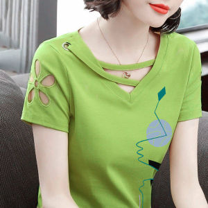 Pure Cotton Short-Sleeved Solid Color Hollow-out V-neck Shirt  Summer