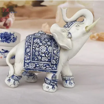 【NEW】 Lucky Feng Shui Blue and white porcelain Elephant Statue Sculpture Wealth Figurine Gift Home Decoration