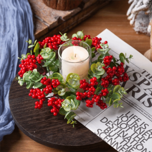 CANVELL Simulated Christmas Candlestick Wreath Artificial Pinecone Berry Decorative Table Wreath Centerpiece Dinning Table Decoration Plastic Candle Ring Wreath Party