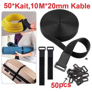 Velcro Pengikat Kabel Barang Serbaguna Organizer Gulungan 10Meter 50PCS Kait Hook & Loop Cable Tie 20mm Bahan Nylon Fastener Kabel Strap Organizer