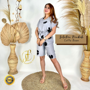 Setelan Pendek Wanita Motif Coffee Bean Baju Tidur Wanita Dewasa Bahan Rayon Premium
