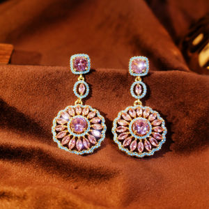 SEQUITO Fashion Ladies Ear Jewelry Yellow Gold Plated Pave Setting Pink AAA Cubic Zirconia Round Drop Earrings Women Wedding Party Accessories SE1064