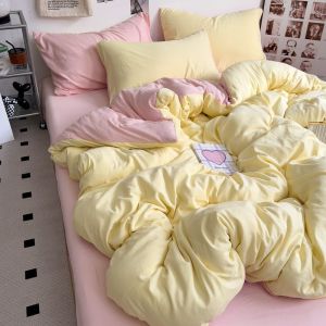 A Class ins Simple Washed Cotton Four-Piece Set Solid Color Skin-Friendly Ultra-Soft Bed Sheet Duvet Cover Single Student Dormitory Three-Piece Set LZD