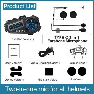 【🔥SG STOCK🔥】RICHMENTMALL Q30 Pro 2-in-1 Motorcycle Helmet Bluetooth Intercom Mic SpeakersHelmet Wireless Headset with LED HD Digital Display/IP56 Waterproof/Music Sharing/Intercom Distance 1800ft/FM Radio/1000 mAh Battery Compatible with All Helmets