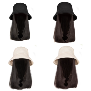 Bucket Caps Fisherman Hat with Wigs Hair Extensions Long Hair for Cosplay Headpiece with Hair Extensions Straight Hair