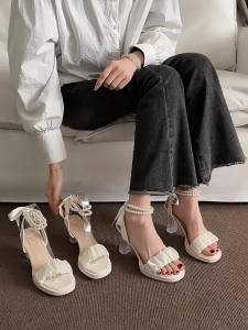 [Free Shipping] Womens Mesh High Heels Summer New Style Thick Heel Pearl Roman Sandals Ins Ultra High Heel