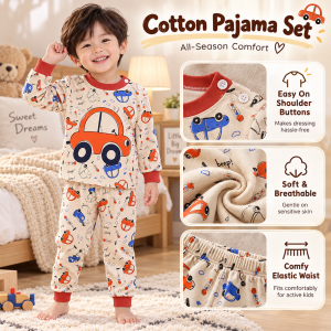 AILEBE Kids Pajamas Terno Sleepwear Pambahay Pantulog Set Cotton Cartoon Pattern Shoulder Buttons Wide Elastic Waistband Round Neck Soft Breathable All Seasons Cute Baby Pajama Set For Baby Boys Girls 1-8 Years