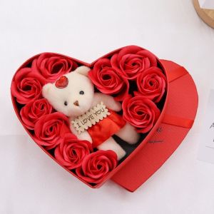 SPARAK with Cute Bear Flower Bouquet Gift Box Elegant Romantic Valentines Day Gift High Quality Versatile 10 Artificial Flowers Birthday Party Decorative Gift