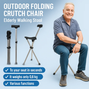 Outdoor Folding Cane Chair Elderly Walking Seat Stick Stool Portable Tripod Lightweight Crutch Chair