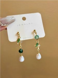 GL Korean Fashionable green bamboo leaf tassel pearl earrings ES63749