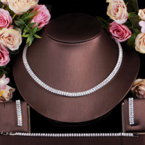 SEQUITO Sparkling Clear CZ Baguette Earrings Necklace and Bracelet Simple Fashion 3Pcs Jewelry Set for Bridesmaid SJ177