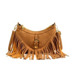 CRYST Rivet Tassel Shoulder Bag Korean Style Vintage Ethnic Style Handbag Sweet PU Leather Suede Crossbody Bag Women