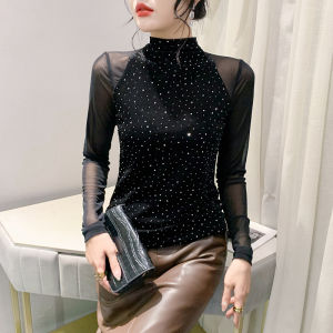 Áo thun phối cảnh áo thun kim cương nổi bật ngôi sao bầu trời thời trang mới nửa cổ cao mùa xuân Áo Thun áo đỏ lưới độc đáo và gợi cảm tay áo dài mùa xuân