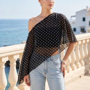 Beach Wear Transparent Sunscreen Cover-up Polka Dot Cloak Clear Cover Shirt Short Sheer Top Loose Fit Off Shoulder Blouse Beach