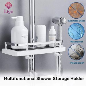 liyc Bathroom Shower Storage Holder Rack With Hook Stainless Steel Shower Rail Storage Rack Punch-Free Shampoo Holder Shampoo Tray Stand Organizer Shelf No Drilling Floating Shelf