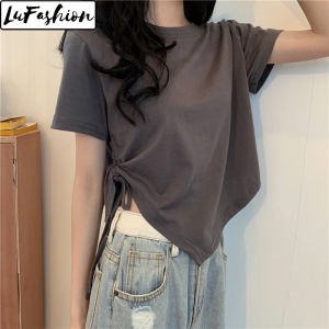 LuFashion Womens T-Shirts Summer Irregular Drawstring Slim Short Sleeve Plain Casual Tops