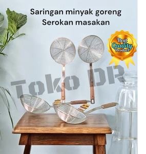 Saringan minyak goreng/Serokan masakan Stainles steel Pegangan kayu ukuran 18cm / 16cm / 14cm / Guang Da