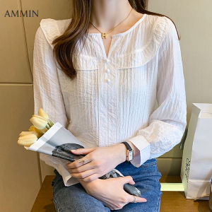 AMMIN เสื้อผู้หญิงผ้าชีฟองแขนยาวมีระบายเสื้อผู้หญิงใส่ได้ทุกโอกาสเสื้อเชิ้ตคอวีแฟชั่นสไตล์เกาหลีเรียบง่ายแขนพองสีขาวใหม่ฤดูใบไม้ร่วงปี2021
