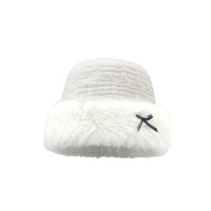ZENGD ถักนิตติ้ง หมวกบักเก็ตโบว์ ขนปุยฟู เก็บความอบอุ่น หมวกตุ๊กตาฤดูหนาว แฟชั่นสำหรับผู้หญิง กันลม หมวกบีนนี่ ฤดูหนาว/ฤดูใบไม้ร่วง