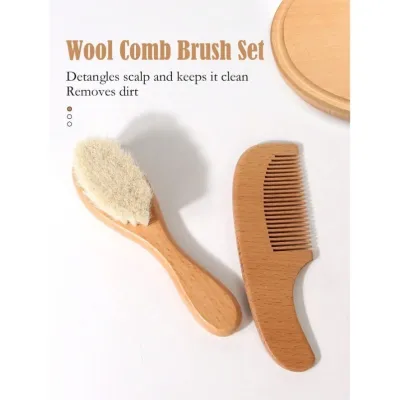 Combo 2 in 1 Sikat Rambut Bayi Baby Goat Wool Wooden Baby Hairbrush Brush Comb Massager Hair Comb Sikat Bulu Kambing