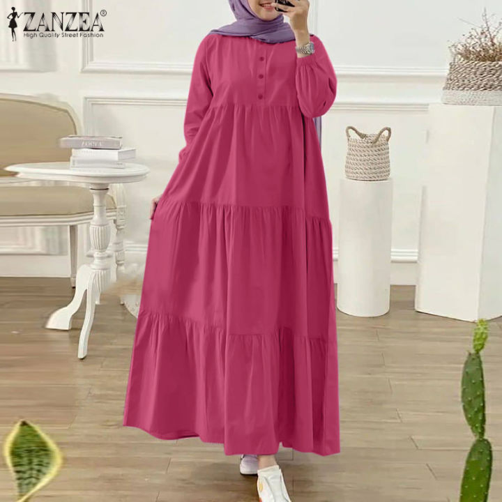 ZANZEA Muslimah Women Muslim Layered Dresses Elegant Party Long Sleeve  Solid Maxi A-Line Dress Lazada PH