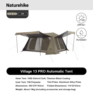Naturehike Village 13 Pro Flagship model automatic tent Titanium Black Glue outdoor camping tent with canopy 4-8 persons family camping tent Waterproof Sun protection