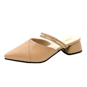Korean Style Two-Way Block Heel Mules - Elegant Pointed Toe Half Shoes