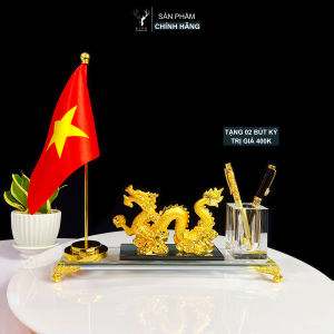 Hộp Đựng Bút Doanh Nhân Rồng Nhả Ngọc 1 cờ Chất Liệu Đồng Mạ Vàng và Pha Lê K9 Quà Lưu Niệm Hộp Bút Để bàn