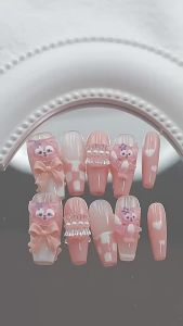 [HANDMADE]Artificial Nail Cute LinaBell Pink Bow Pearl Phototpy Press on Nails Reusable and Removable Nails with Toolkit