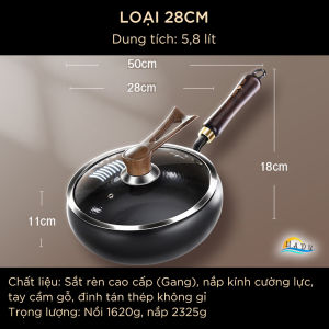 Chảo Sắt Rèn Thủ Công SSGP 28cm Đã Tôi Chảo Gang Sâu Lòng Chống Dính Tự Nhiên Dùng Bếp Từ Kèm Nắp