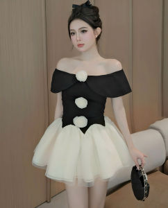 Váy Trễ Vai Thiết Kế Đính Hoa Nổi Phối Chân Bồng Xoè Tơ Xốp Tặng Kèm Quần Bảo Hộ