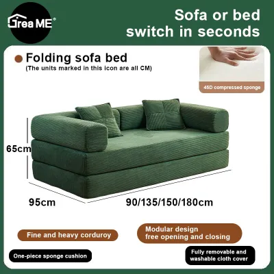 【COD】Dreame Compression Sofa 72Convertible Floor Sofa Bed with Pillow Back Support Armrest 0.9/1.35/1.5/1.8M Comfy Foldable Sofa Bed Compressed Sofa in Box Corduroy Fabric for Living Room Bedroom