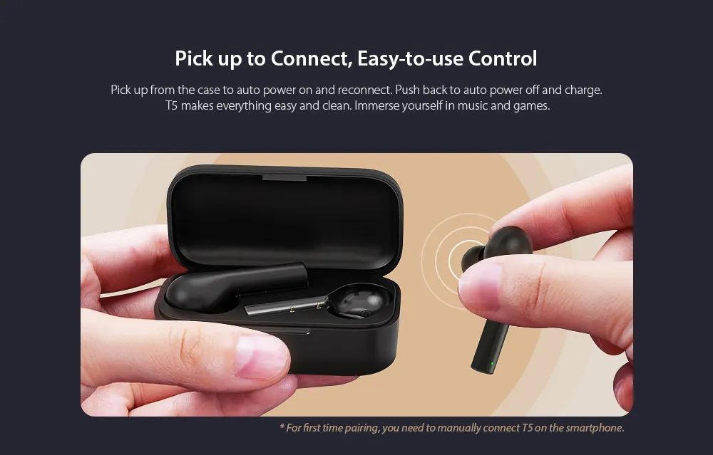 QCY T5 Bluetooth 5.0 Binaural In-ear Earphones Wireless Charging Earbuds with Mic and Charging Dock
