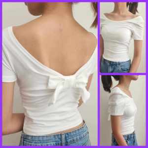 Ceena Scoop Neck Ribbon Bow Back  Short Sleeves T-shirt   - xs to medium - made of soft fabric - premium quality - stretchable  - excellent quality  - comfortable  - cute and trending tee - basic tshirt  - casual t-shirt  - scoop neck tshirt  - soft and c