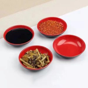 5pcs Red and Black Round Sauce Dishes Food Dipping Bowls Melamine Seasoning Dish Saucer Plates