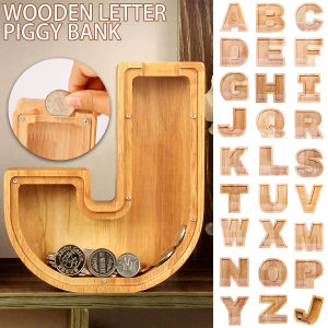 26 Letters English Alphabet Piggy Bank Wooden DIY Style Coin Money Saving Box Transparent Glass Jar Coins Storage Box Desktop Ornament Home Decor Crafts gift for kids