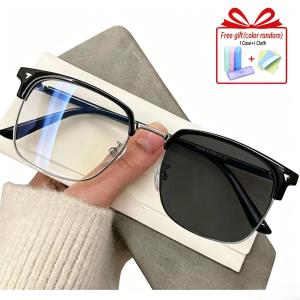 Fashion Square Photochromic Eyeglasses Sun Protection Anti-Blue Light Business Mens Plain Glasses