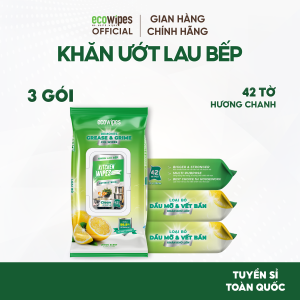 Combo 03 gói khăn ướt lau bếp Kitchen EcoWipes gói 42 tờ size 30x20cm giúp làm sạch dầu mỡ các vết bẩn cứng đầu trên nhiều bề mặt