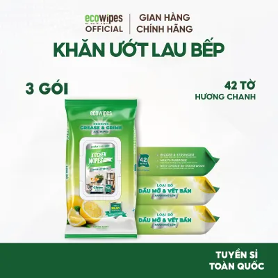Combo 03 gói khăn ướt lau bếp Kitchen EcoWipes gói 42 tờ size 30x20cm giúp làm sạch dầu mỡ các vết bẩn cứng đầu trên nhiều bề mặt