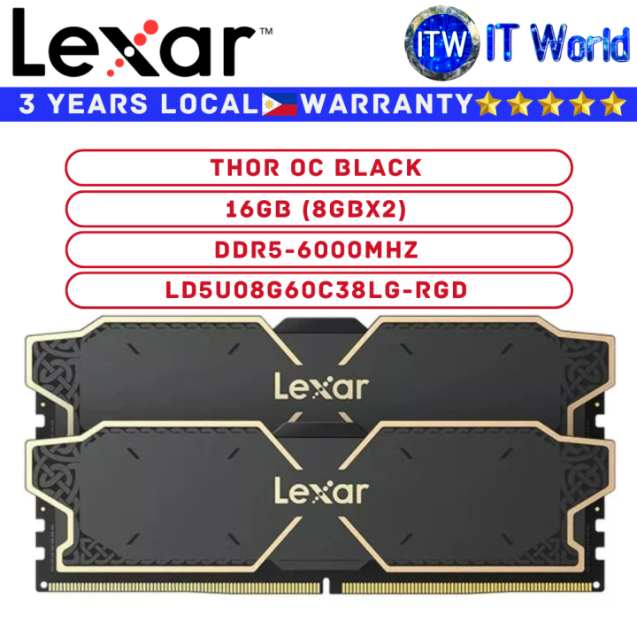 Lexar DDR5 16GB (8GBx2) 6000Mhz Thor OC Black UDIMM Desktop Memory - Main Image