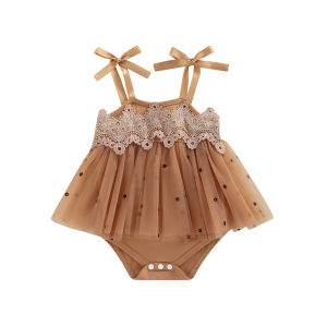 【beautywoo】 Baby Girls Summer Rompers Cute Newborn Casual Clothes Solid Sleeveless Lace Crochet Tie-up Rompers Jumpsuits Floral Tulle Dress