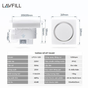 Quạt thông gió âm trần Lavfill LFCV-12DL/16DL có đèn LED chống nước IPX2 hút mùi mạnh êm bền