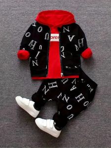 Toddler 3Pcs Letter Print Tracksuit Zip Up Jacket Red Hooded Sweatshirt Elastic Cuffed Jogger Pants Kids Streetwear Outfit Set2026