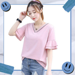 QKKshop เสื้อแฟชั่นปักลายคอวี แต่งแขนเสื้อริ้วๆ สีพื้น เนื้อผ้านิ่มสวมใส่สบายใส่ได้ทุกโอกาส