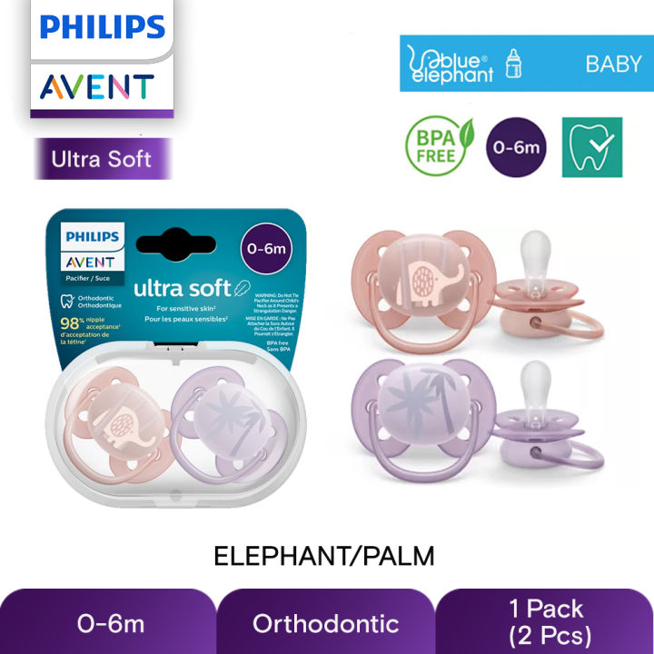 Avent 2pk Girl Ultra Soft Pacifiers (0-6M | Elephant/Purple Palms)