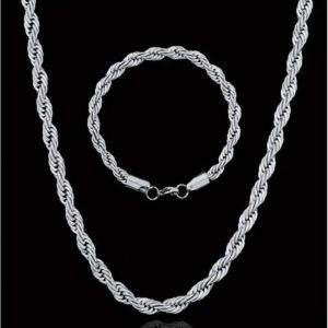 Stainless Steel Silver Twist Dough Neck Chain Necklace Bracelet Set Hip Hop Gift for Men Women