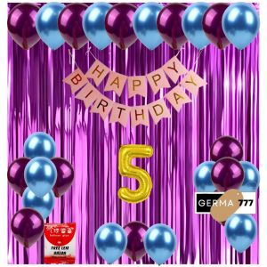 Paket Set Dekorasi Backdrop Pesta Balon Ulang Tahun Anak Banner Happy Birthday Pink Tirai Ungu
