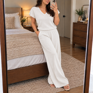 Womens Cotton Knitted Terno Set – V-Neck Short Sleeve Top & Wide-Leg Pants 2-Piece Co-Ord S-L / XL-3XL